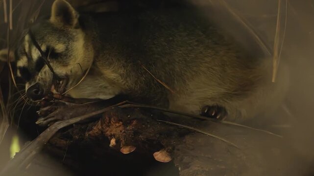 Close-up of a raccoon foraging on a mossy log in a dimly lit forest environment