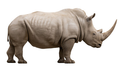 Fototapeta premium Massive white rhinoceros with large horn, isolated on transparent background
