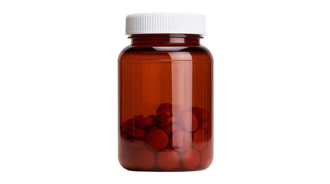 Amber plastic pill bottle with white cap filled with red pills, isolated on transparent background