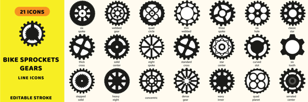 Bike sprockets and mechanical gear vector icons. Bicycle transmission, cogwheel machinery, and engineering hardware vector signs set. Webbed gear icon.