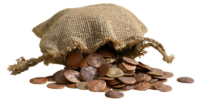 Burlap sack spilling out numerous copper coins, isolated on transparent background