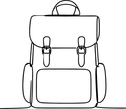 Minimalist continuous line backpack illustration with clean black outline. Modern school bag vector design isolated on background.
