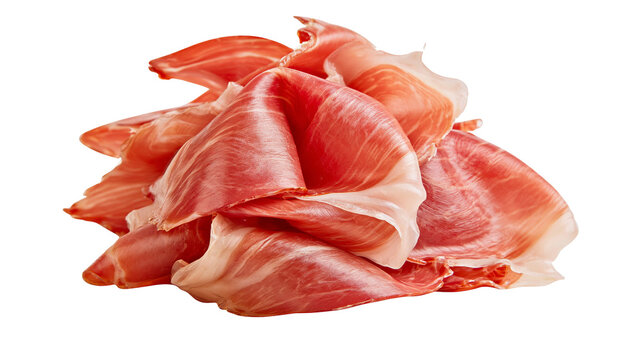 Thinly sliced cured ham piled up, isolated on transparent background