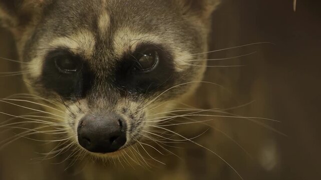 Close-up of a raccoon's face with detailed fur and whiskers in natural light