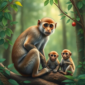 A female monkey and her young monkeys