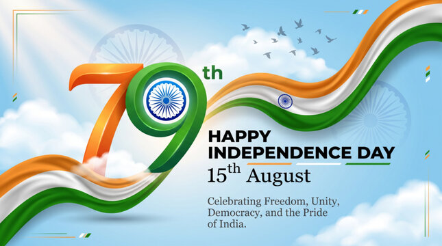 79th Independence Day Banner with Flowing Tricolor Ribbon and Ashoka Chakra for Greeting Design