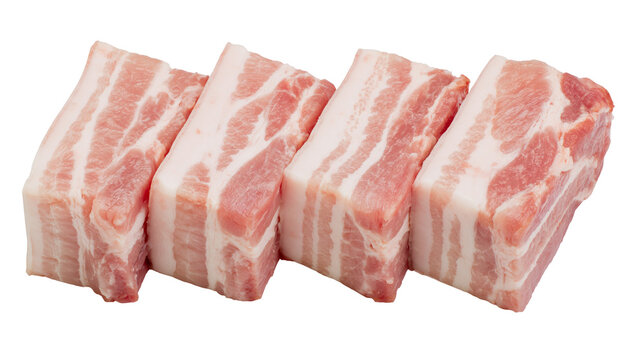 Four raw pork belly blocks with distinct layers of fat and meat, isolated on transparent background