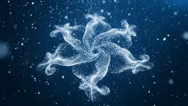 Elegant animation of shimmering white particles gracefully falling and forming a swirling abstract winter pattern magical, contemporary, graphic