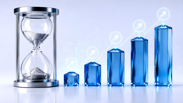 Time management and productivity increase symbolized by a clock and chart near the window.