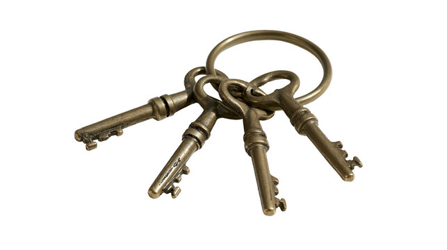 Antique brass skeleton keys on a ring, isolated on transparent background