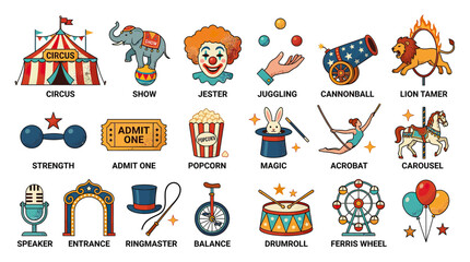 Naklejka premium Circus Icons and Symbols Set: Funfair Entertainment, Performance, and Celebration