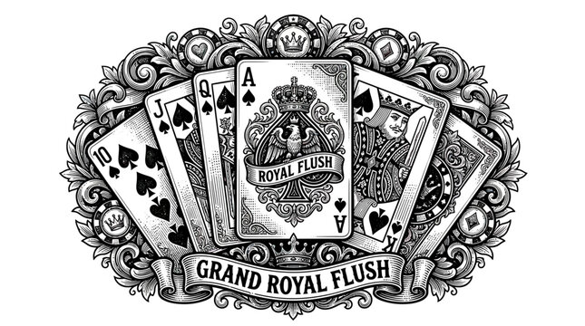 Grand Royal Flush Poker Hand in Ornate Vintage Frame
