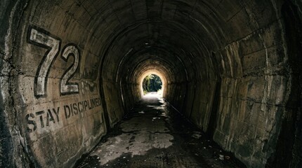 Fototapeta premium Wide angle view of a dark concrete underground tunnel with the number 72 and the motivational quote Stay Disciplined stenciled on the wall leading toward a bright sunlit exit.