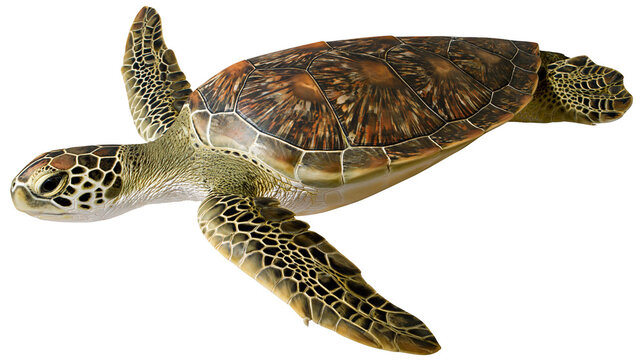 Green sea turtle with patterned shell, isolated on transparent background