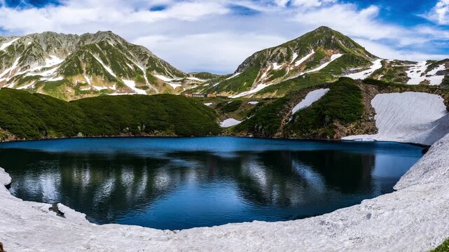 立山登山　室堂みくりが池に映る立山連峰パノラマ&larr;左方向スライド