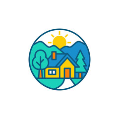 Fototapeta premium Minimalist house in the mountains icon with trees and sun, circular nature landscape logo design vector illustration