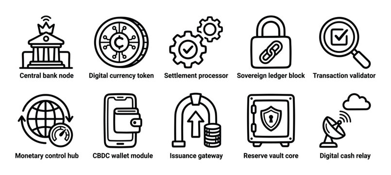 Set of black line icons representing Central Bank Digital Currency concepts like digital token, settlement processor, and CBDC wallet module in a simple minimalist outline style