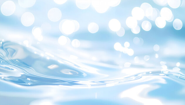 淡いブルーの透明な水面と光のボケ、清潔感のある保湿スキンケアの抽象背景 / Clear Pale Blue Water Surface with Glowing Bokeh, Clean Abstract Background for Moisturizing Skincare