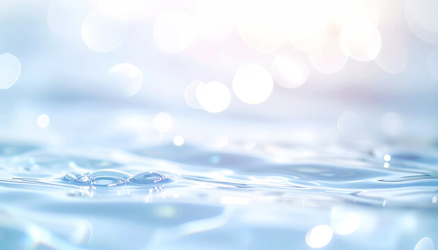 淡いブルーの水面に浮かぶ気泡と柔らかな光、みずみずしい保湿美容の抽象背景 / Bubbles and Soft Light on a Pale Blue Water Surface, Fresh Abstract Background for Moisturizing Beauty