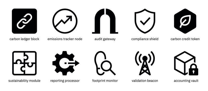 Set of ten black glyph icons for carbon credit and sustainability concepts, featuring a ledger block, emissions tracker, compliance shield, token, and sustainability module
