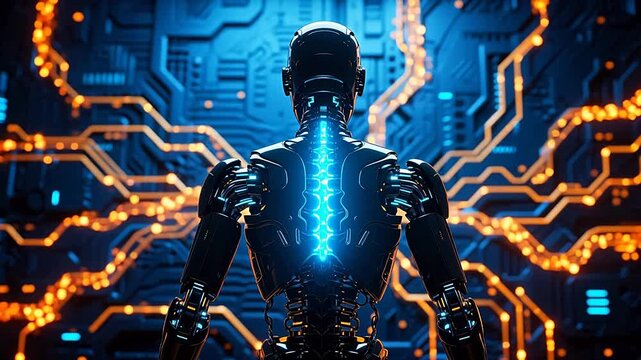 Glowing robot in digital circuit space