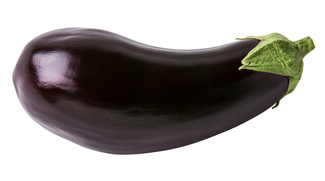 Glossy dark purple eggplant with green stem, isolated on transparent background