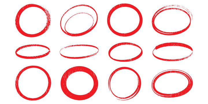 Set of grunge red circles and ovals, hand drawn sketchy shapes for emphasis