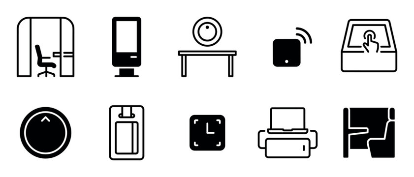 Collection of black office and technology icons featuring a cubicle, kiosk, printer, and smart devices in a minimalist set with both line art and solid glyph pictograms