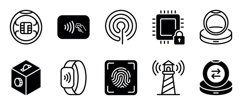 Set of black technology icons for contactless payment, security, and data transfer, featuring symbols like fingerprint, chip, smartwatch, and wireless signal in a minimalist style
