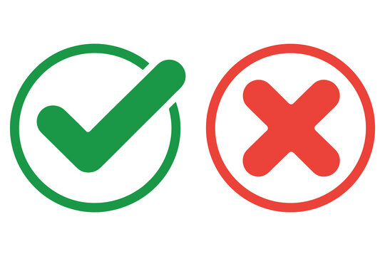 Green check mark and red cross vector set, yes and no icons, accept and decline symbols