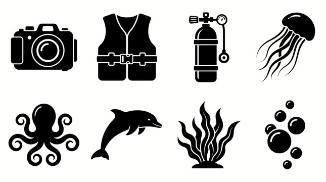 Scuba Diving and Marine Life Silhouette Icons Set with Camera Life Vest Oxygen Tank Jellyfish Octopus Dolphin Seaweed and Bubbles