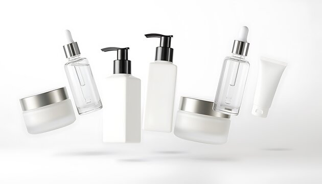 Various floating skincare products with silver caps on clean white background