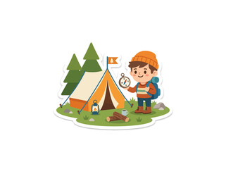 Fototapeta premium Charming illustration of a young explorer holding a compass next to a cozy tent, surrounded by pine trees and campfire logs, depicting a happy outdoor camping adventure