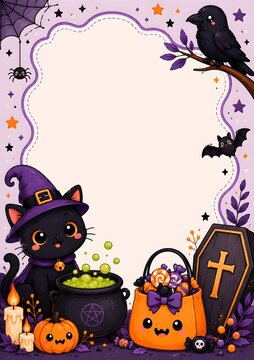 Cute Halloween Ghost and Pumpkin Border with Copy Space