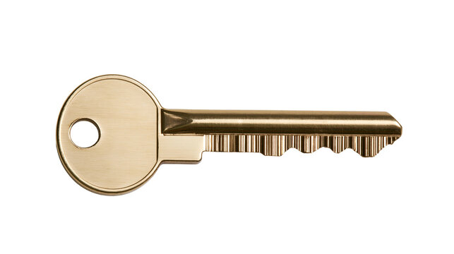 Shiny brass house key with circular head and serrated bit, isolated on transparent background