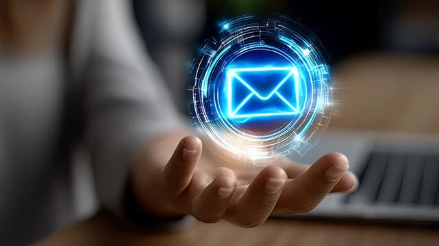 Digital communication envelope hologram floating above hand with technology background