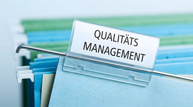 Close-up of a file folder tab labeled Qualitatsmanagement in a soft-lit office environment