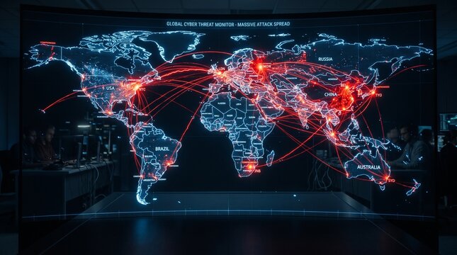 Global cyber attack map showing digital threat spreading across world network in real time