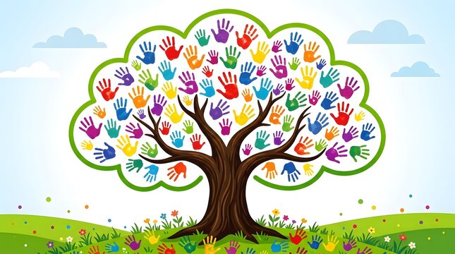 Diverse handprints forming a vibrant tree of life against a bright sky symbolizing unity and community