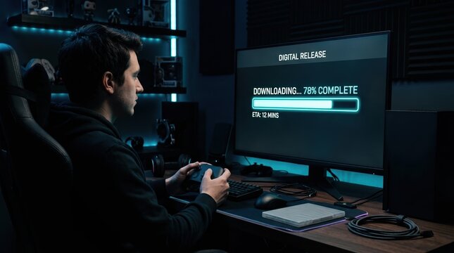 A gamer at a desk uses a wireless controller beside a game console, a blank disc case, and a large monitor showing a download progress bar, representing a digital-first release.