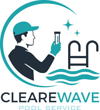 Pool Service Logo &ndash; Professionelles Firmenzeichen mit Techniker und Wasseranalyse f&uuml;r Schwimmbad Reinigung und Wartung