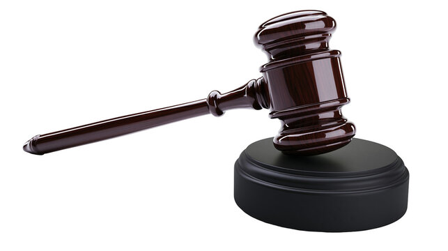 Dark polished wooden gavel resting on black sounding block, isolated on transparent background