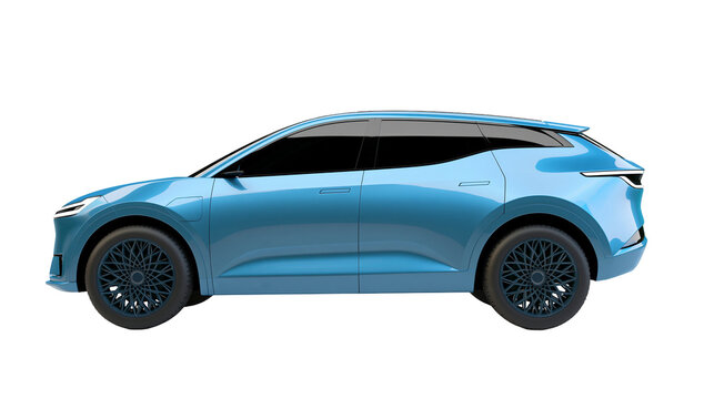 Sleek blue electric SUV concept car with tinted windows, isolated on transparent background
