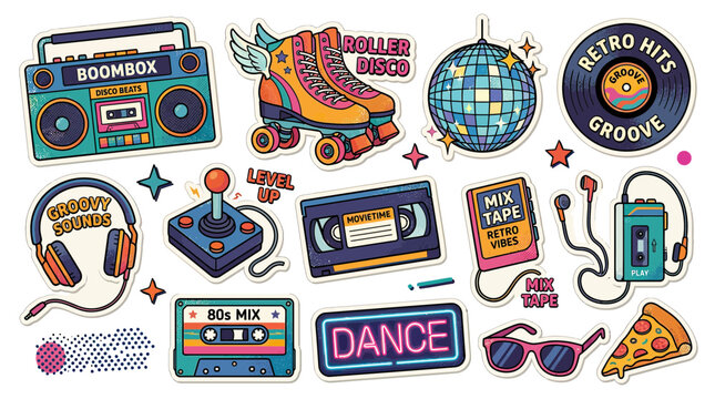 Retro 80s 90s Party Stickers: Boombox, Roller Skates, Disco Ball, Cassettes