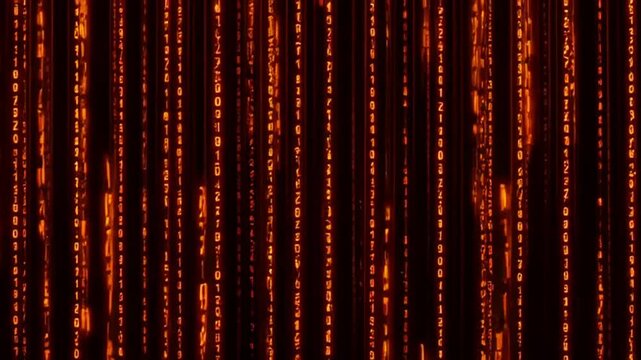 Glowing orange digital code rain background.