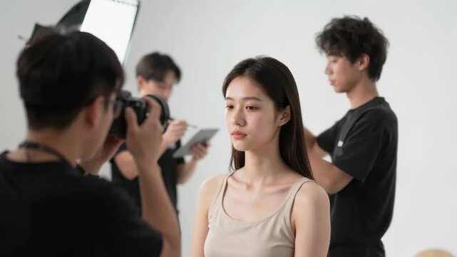 Young female model getting her makeup and hairstyle done in studio