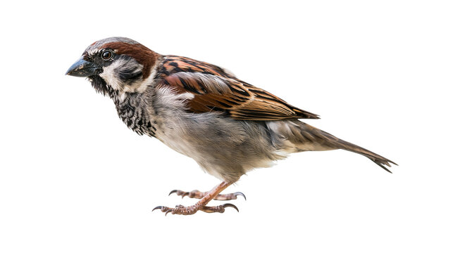 Male house sparrow with brown and grey plumage, isolated on transparent background