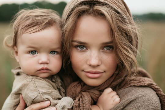 Motherhood and family bond young woman holding baby outdoors with natural light and soft focus background
