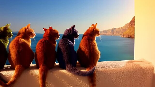 Group of colorful cats sitting on a ledge overlooking the ocean