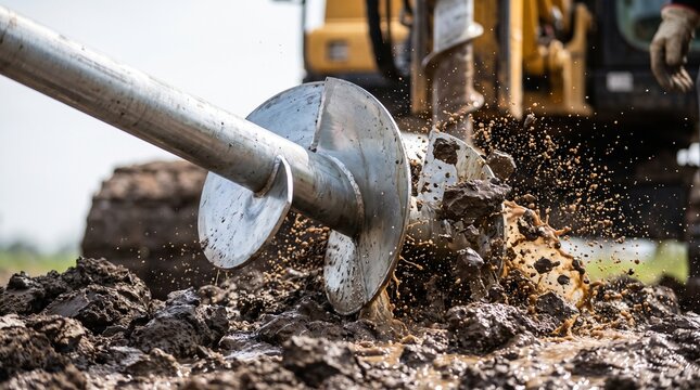 Screw pile foundation being driven into wet muddy soil with helical blades cutting earth and mud spray during installation